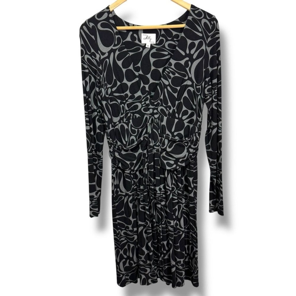 Vintage Milly V-Neck Wrap Dress Black Grey Abstract Print Long Sleeve Size M - Picture 7 of 14